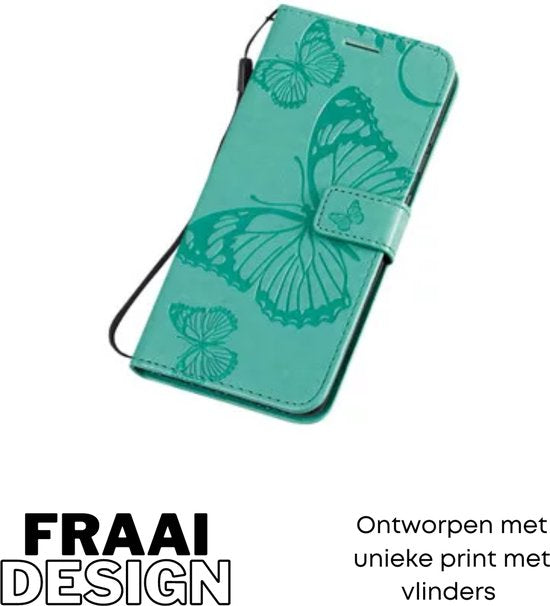 Hoesje Vlinders Groen - Geschikt voor OPPO A17 - Portemonnee Book Case - Boekje Met Kaarthouder / Pasjeshouder en Magneetsluiting - Booklet Beschermhoes - Boekhoesje met Draagkoord