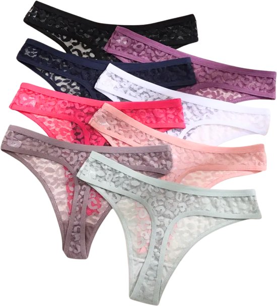 8 Pack - Sexy Dames String - Groen, Paars, Wit, Donker Roze, Taupe, Licht Roze, Donker Blauw en Licht Blauw - Onderbroek met Panter Print Design - Dames Lingerie / Ondergoed Set - Maat XL