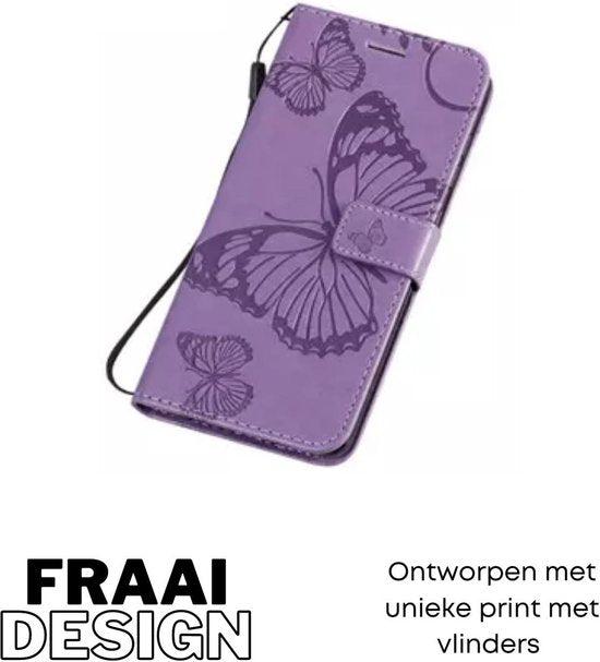 Hoesje Vlinders Paars - Geschikt voor Samsung Galaxy S21 FE - Portemonnee Book Case - Boekje Met Kaarthouder / Pasjeshouder en Magneetsluiting - Booklet - Wallet Beschermhoes Kunstleer - Voor S21FE