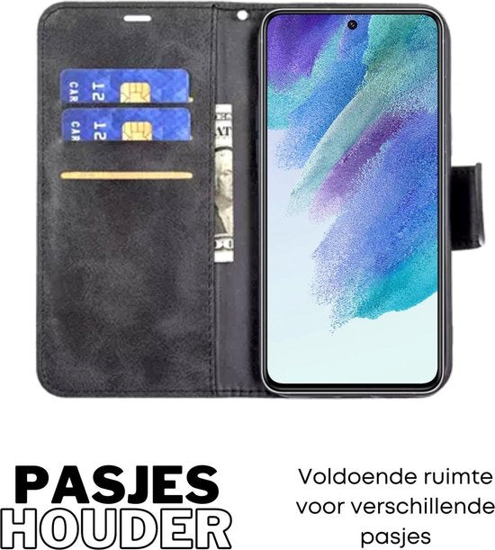 Hoesje Zwart - Geschikt voor Samsung Galaxy S21 FE - Portemonnee Book Case - Boekje Met Kaarthouder / Pasjeshouder en Magneetsluiting - Booklet - Wallet Beschermhoes Kunstleer - Voor S21FE
