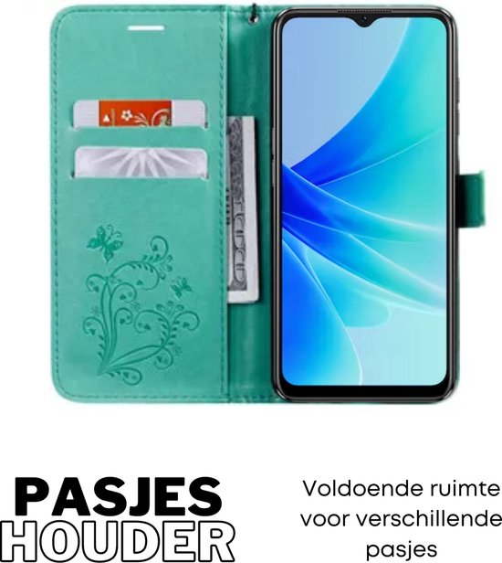 Hoesje Vlinders Groen - Geschikt voor OPPO A57 / A57s - Portemonnee Book Case - Boekje Met Kaarthouder / Pasjeshouder en Magneetsluiting - Booklet Beschermhoes - Boekhoesje