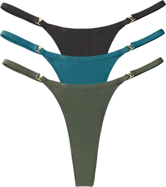 Set van 4 - Sexy Dames Strings - Groenblauw, Groen, Blauw en Zwart - G-String - Comfortabel Ondergoed - Lingerie Voor Vrouwen - Onderbroek / String / Slip - Maat M