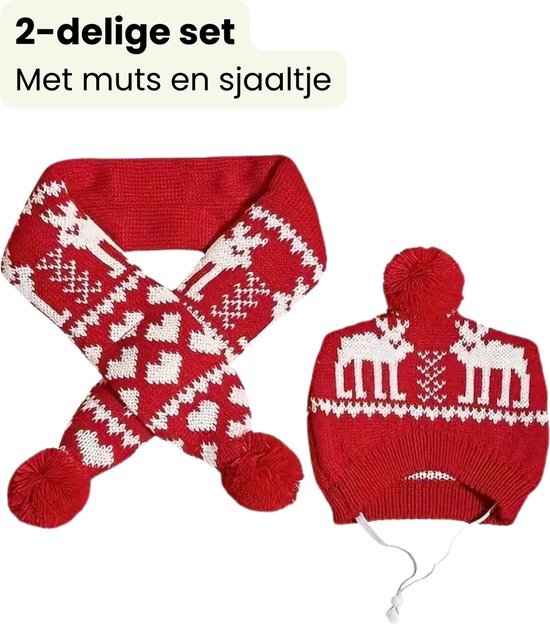 Winter Setje Hond - Kerst - 2 Delig - Sjaal en Muts - Rood Wit - Geschikt voor Honden - Winter Pakje - Hondenkleding - Maat S