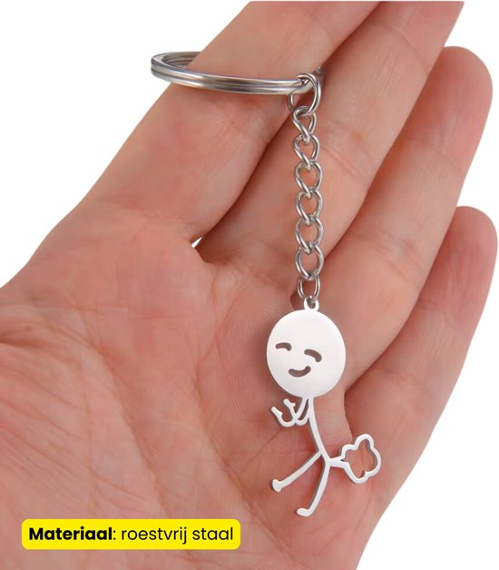 Grappige Scheet Sleutelhanger – RVS - Blij Poppetje in Zilver – Uniek Cadeau – Humoristisch Accessoire - Tassenhanger - Sleutel Hanger Roestvrij Staal