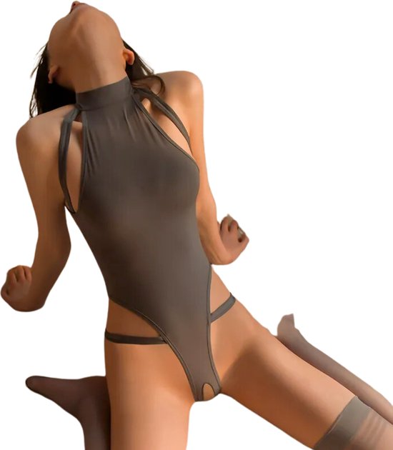 Sexy Bodysuit met Open Kruis - Grijs - Elastische Bodysuit - Zilveren Ring Detail - One Size