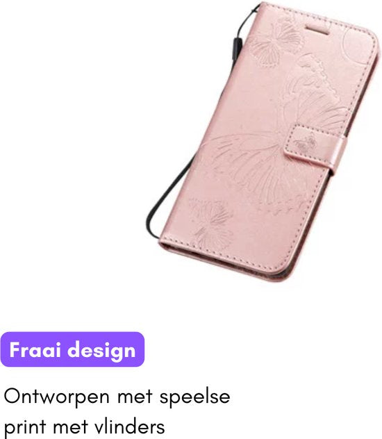 Hoesje Vlinders Roze - Geschikt voor Samsung Galaxy A55 - Portemonnee Book Case - Boekje Met Kaarthouder / Pasjeshouder en Magneetsluiting - Booklet Beschermhoes - Boekhoesje met Draagkoord