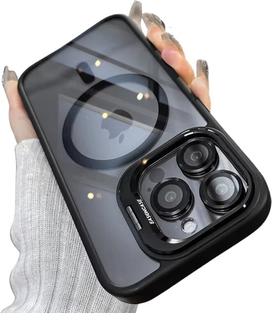 Ultra Shockproof Hoesje - Geschikt voor Apple Iphone 15 - Transparant Zwart - Met Camera Protectors en Statief - Magneet Ring Hoesje - Anti Yellowing Achterkant - Magneet Compatible