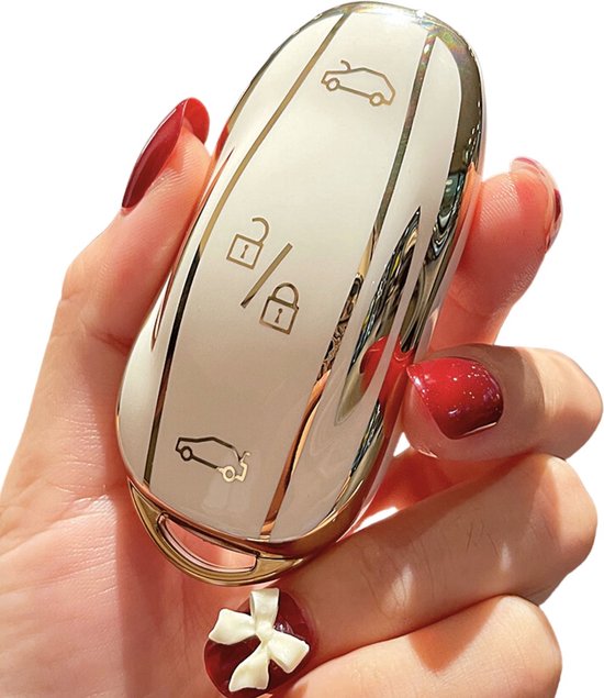 Zachte TPU Sleutelcover - Wit Goud Metallic - Sleutelhoesje Geschikt voor Tesla Model 3 / Model S / Model Y - Flexibele Sleutel Cover - Hoesje - Auto Accessoires