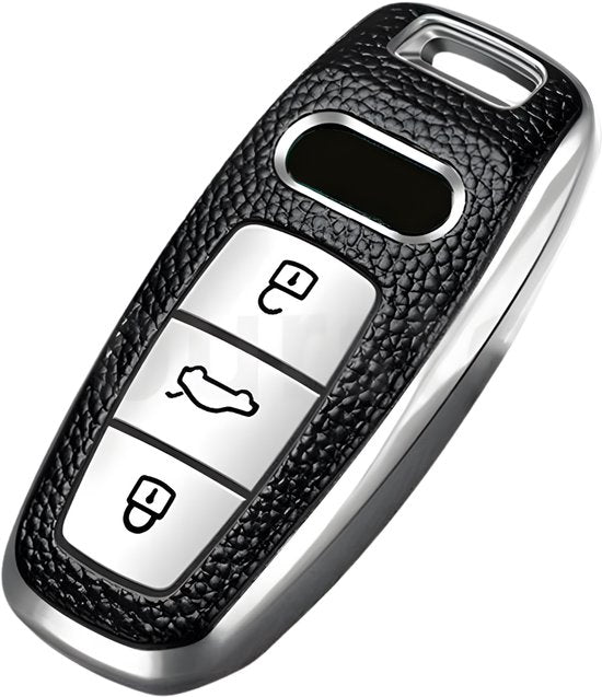 Kunst Leren Sleutelcover - Sleutelhoesje Geschikt voor Audi A3 / A4 / B9 / A6 / C8 / A7 / S7 / 4K / A8 / D5 / S8 / Q7 / Q8 / SQ8 / E-tron / 2018 / 2019 / 2020 / 2021 / 2022 - Zwart met Zilver - Key Cover - Auto Accessoires
