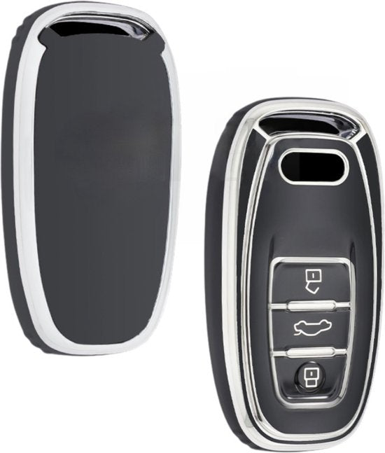 Zachte TPU Sleutelcover - Sleutelhoesje Geschikt voor Audi A1 / A3 / / A4 / A5 / A6 / A7 / A8 / Q3 / Q5 / Q7 / S5 / S6 - Zwart met Zilver - Sleutel Hoesje Cover - Auto Accessoires