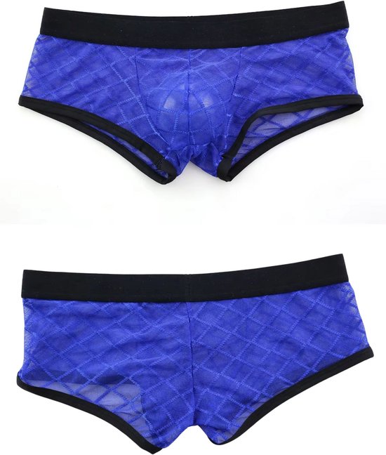 Heren Boxershort Transparant - Boxer Doorzichtig Donkerblauw - Sexy Transparant Design met Ruitmotief - Mannen Onderbroek - Lingerie Voor Mannen - Ondergoed Maat XL