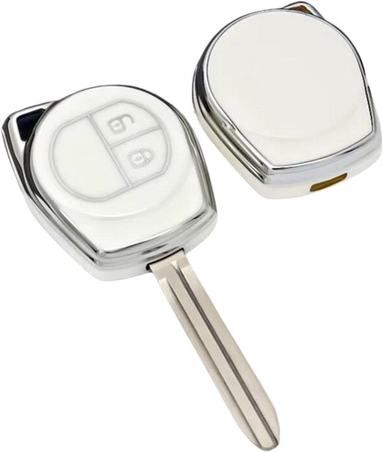 Zachte TPU Sleutelcover - Sleutelhoesje Geschikt voor Suzuki Swift / Grand Vitara / SX4 / Vitara / Jimny / Celerio - Wit met Zilver - Key Cover - Auto Accessoires