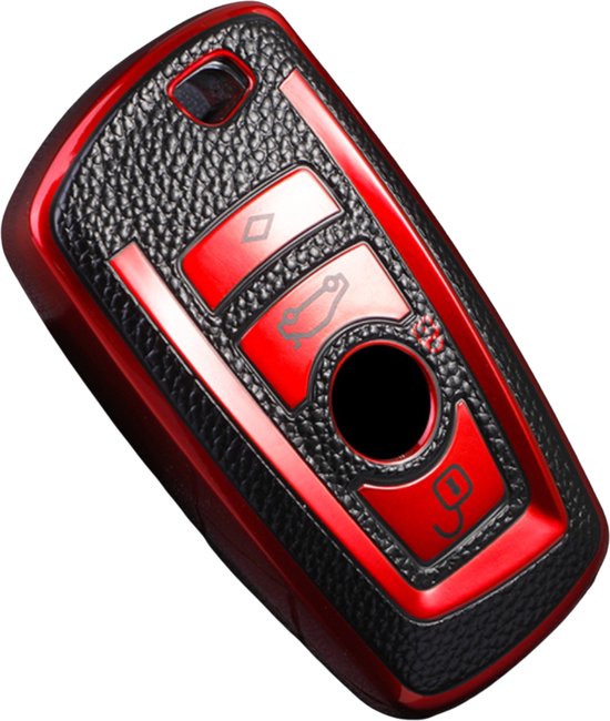 Zachte TPU Sleutelcover - Metallic Rood en Zwart Leer - Sleutelhoesje Geschikt voor BMW 1 serie / 3 serie / 5 Serie / 7 Serie / X1 / X3 / X4 / X5 / F20 / F30 / F31 / F34 / M - Flexibele Sleutel Cover - Sleutel Hoesje - Auto Accessoires