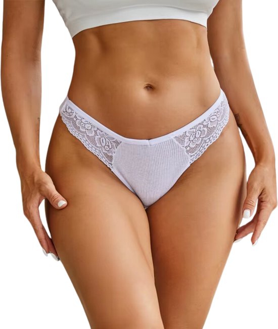 3 Pack - Sexy Dames String - Ribstof en Kant - Rood, Wit en Zwart - Dames Lingerie / Ondergoed - 95% Katoen - Maat M