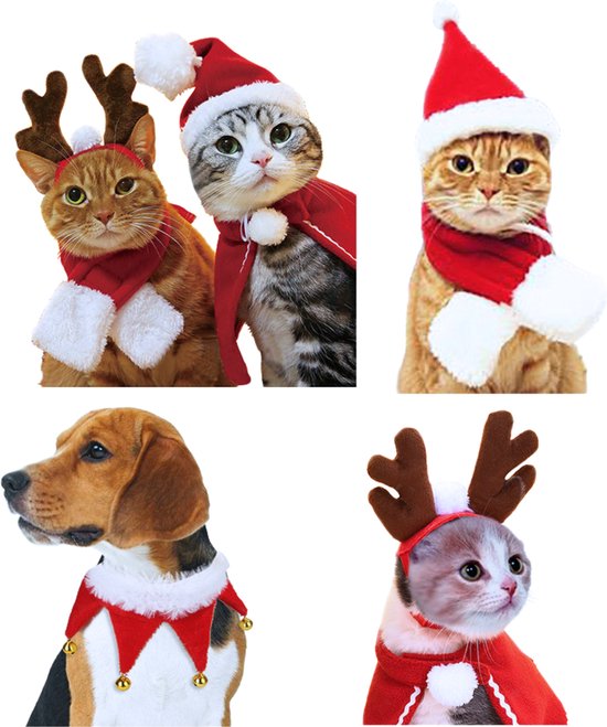 Kerst Acccessoires Set Hond & Kat - 4 Delig - Honden en Katten - Sjaal, Kraagje, Rendierhoorntjes en Kerstmuts - Kerstpakje voor Honden en Katten - Kerstkostuum - Hondenkleding