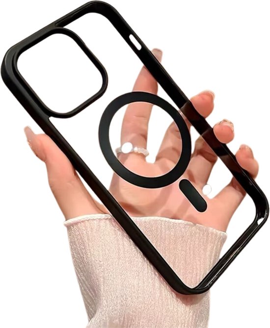 Transparant Magneet Ring Hoesje - Geschikt voor Apple iPhone 13 Pro Max - Zwarte Randen - Stevig Doorzichtig Shockproof - Magnetisch - TPU Rand - Anti Yellowing Achterkant (Magneetring Compatible)