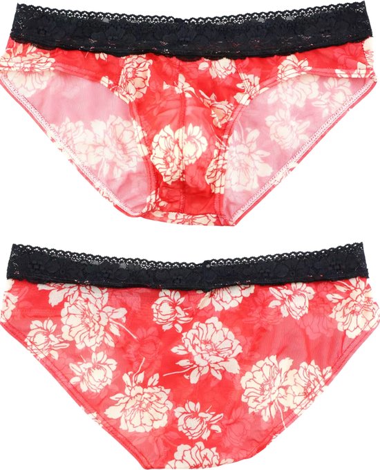 Heren Slip Doorzichtig met Bloemen - Mesh Slip Gebloemd Rood & Wit - Sexy Transparant Design - Mannen Onderbroek - Lingerie Voor Mannen - Ondergoed Maat XXL / 2XL