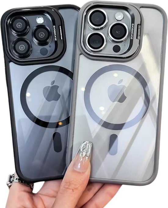 Ultra Shockproof Hoesje - Geschikt voor Apple Iphone 15 - Transparant Natural Titanium - Met Camera Protectors en Statief - Magneet Ring Hoesje - Anti Yellowing Achterkant - Magneet Compatible