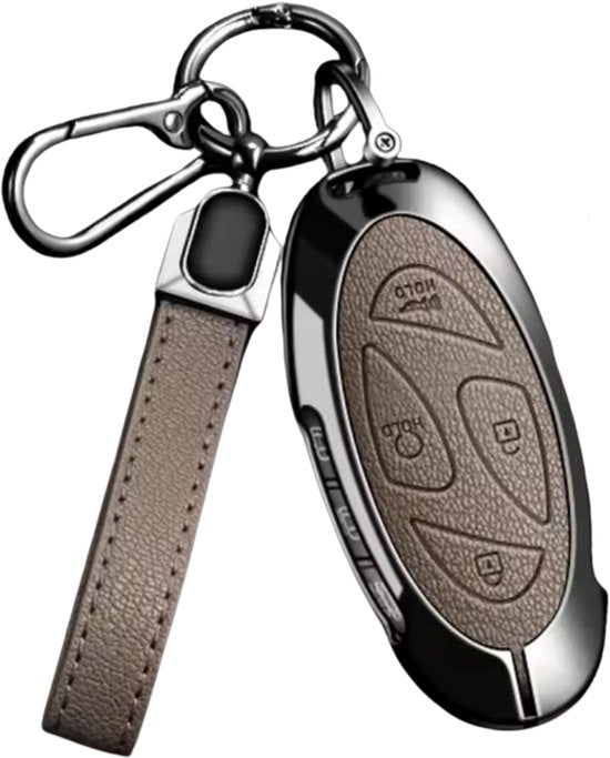 Kunstleren en Metalen Sleutelcover - Sleutelhoesje Geschikt voor Hyundai IONIQ 6 / Grand Prix / GN7 / Kona 5- Beige - Key Cover met metalen en kunstleren Hanger - Auto Accessoires