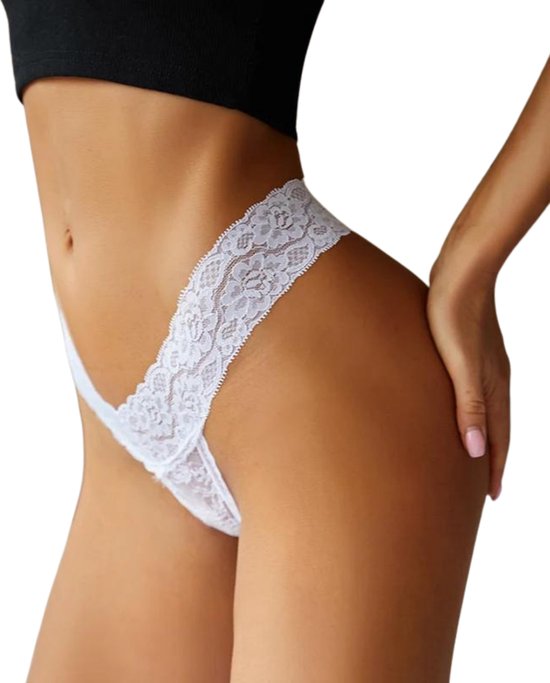 Dunne String met Kant - Doorzichtig - Wit - Sexy, Licht en Comfortabel - Dames Lingerie / Ondergoed - Maat XL