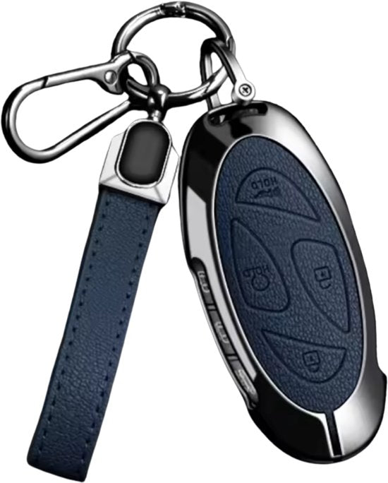 Kunstleren en Metalen Sleutelcover - Sleutelhoesje Geschikt voor Hyundai IONIQ 6 / Grand Prix / GN7 / Kona 5- Blauw - Key Cover met metalen en kunstleren Hanger - Auto Accessoires