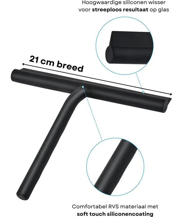 Premium RVS Badkamerwisser - Douche Trekker met Ophangsysteem - Vloer en Glazen Wisser - Roestvrij Staal - Douche en Bad - Douchewand - Badkamer Reiniging Tool - Douchewisser Zwart