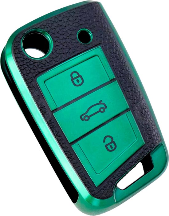 TPU Sleutelcover - Sleutelhoesje Geschikt voor Volkswagen Golf / Tiguan - Seat Leon / Ateca / Ibiza - Skoda Kodiaq / Octavia / Karoq - Metallic Groen en Zwart Leer - Flexibele Sleutel Cover - Zacht Hoesje - Auto Accessoires