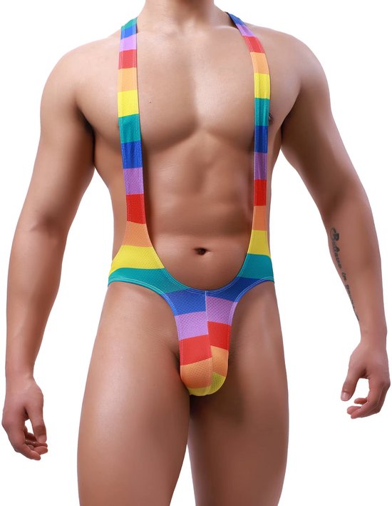 Sexy Heren Bodysuit - Jockstrap G-String Ondergoed in Regenboog Kleuren - Pride Lingerie Mankini voor Mannen - Maat L