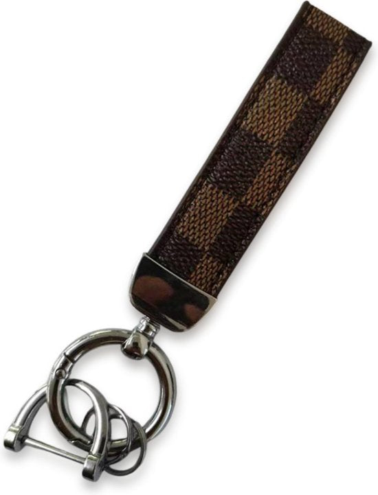Luxe Sleutelhanger - Bruin Patroon met Zilveren Hanger - Dames & Heren Designer Sleutel Hanger - Keychain Mode Cadeau - Fashion Auto Accessoires