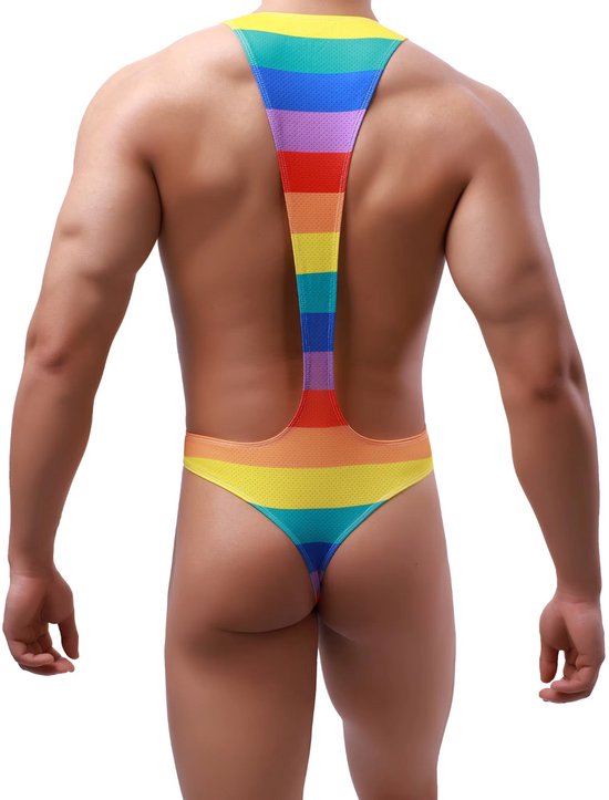 Sexy Heren Bodysuit - Jockstrap G-String Ondergoed in Regenboog Kleuren - Pride Lingerie Mankini voor Mannen - Maat XL