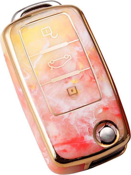 Zachte TPU Sleutelcover - Marmer Oranje Roze Goud - Sleutelhoesje Geschikt voor Volkswagen Golf / Polo / Tiguan / Up / Passat / Seat Leon / Seat Mii / Skoda Citigo - Sleutel Hoesje Cover - Auto Accessoires