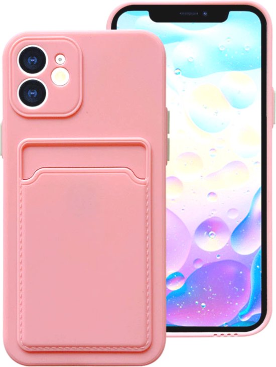 Stevig TPU Hoesje - Geschikt voor Apple iPhone 12 - Met Kaarthouder - Roze - Shockproof Case met Pasjeshouder - TPU Hoes Met Vakje Voor Pasje - Card Case Back Cover