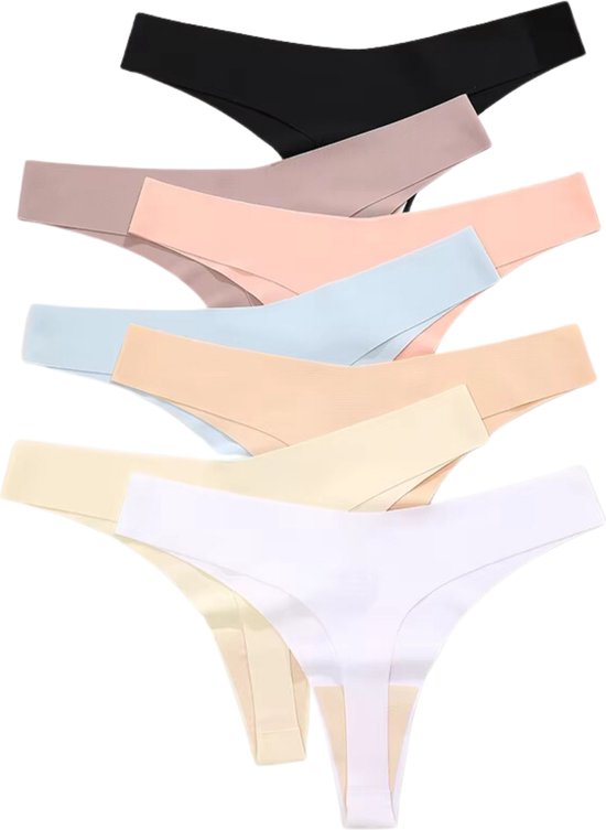 7 Pack - Invisible Dames String Naadloos - Nude, Roze, Zwart, Blauw, Taupe, Geel en Wit - Onderbroek Zonder Naden - No Show - Dames Lingerie / Ondergoed Set - Maat S