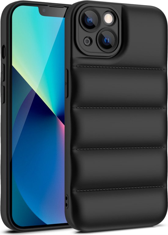Puffer Case Zwart - Geschikt voor iPhone 15 - Stootvast Hoesje met Camera Bescherming - Winterjas Donsjas Design - Shockproof TPU Back Cover