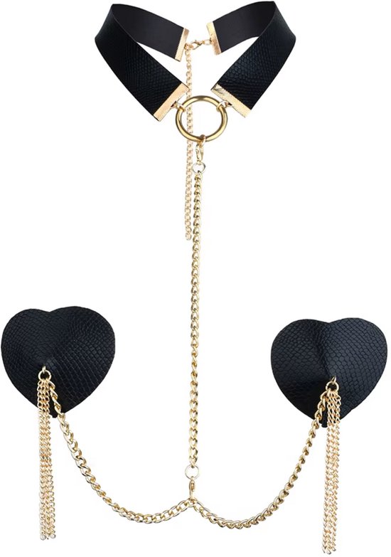 Sexy Tepel Covers voor Vrouwen - Hartvormige Nipple Covers met Choker en Ketting - Verleidelijke Tepelstickers - Tepelplakkers - Zwart - One Size