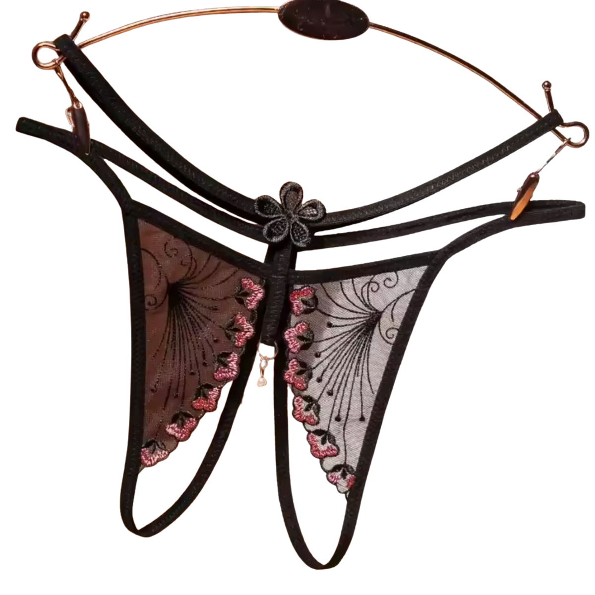 String Met Open Kruis en Parel - Zwart - Kant Met Dubbele Bandjes - Kanten Design Design met Bloemen - One Size String - Dames Onderbroek - Lingerie / Ondergoed