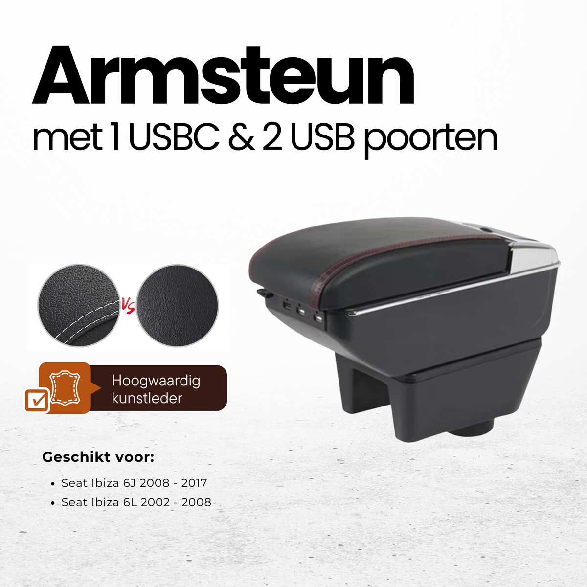 Multifunctionele Armsteun - Geschikt voor Seat Ibiza 6J 2008 - 2017 / Seat Ibiza 6L 2002 - 2008 - 1 USBC & 2 USB Aansluitingen - Opbergvakken - Armleuning - Middenconsole - Bekerhouder