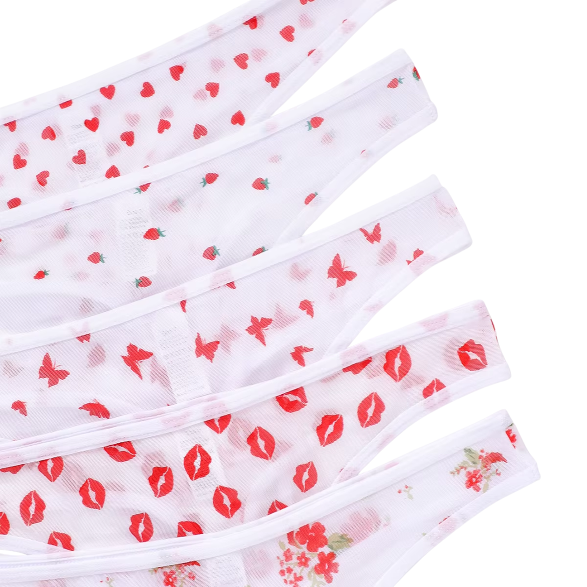 5 Pack - Transparante Strings Van Mesh – Rode Patroontjes - Sexy Doorschijnend Dames Ondergoed - Wit & Rood - Comfortabel en Sexy - Onderbroeken / Slips Voor Vrouwen - Maat S