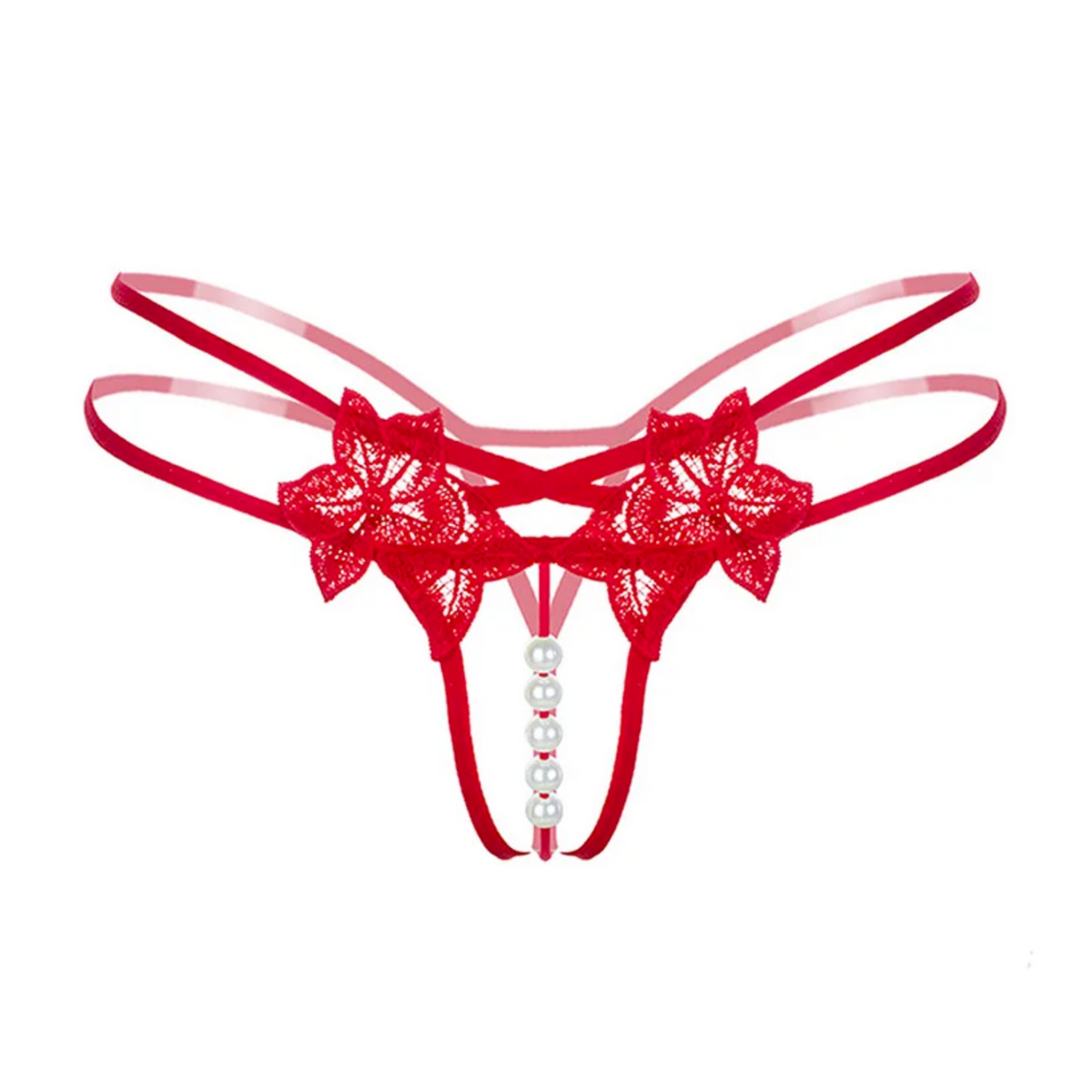 Sexy String met Parels - Kralen - Rood - Erotisch Design met Bloemen - One Size String - Dames Onderbroek Open Kruis - Lingerie / Ondergoed