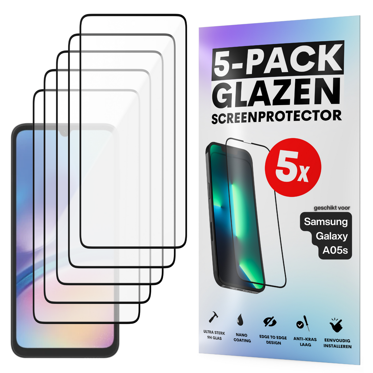 Screenprotector - Geschikt voor Samsung Galaxy A05 S - Gehard Glas - Full Cover Tempered Glass - Case Friendly - 5 Pack