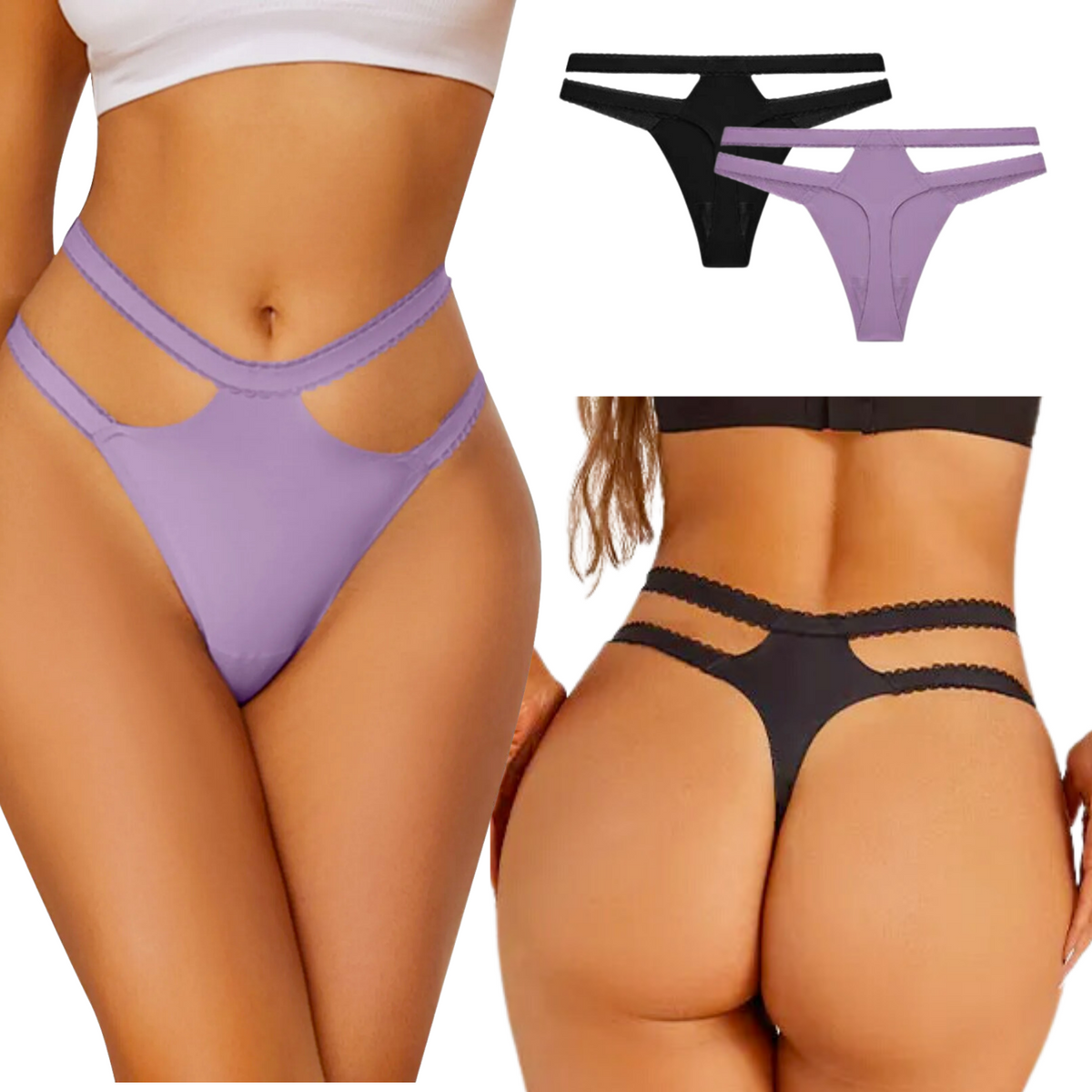 2 Pack - Sexy Dames String - Lila & Zwart - Naadloos - Dubbele Heupbandjes met Kant - Dames Lingerie / Ondergoed Set - Maat L