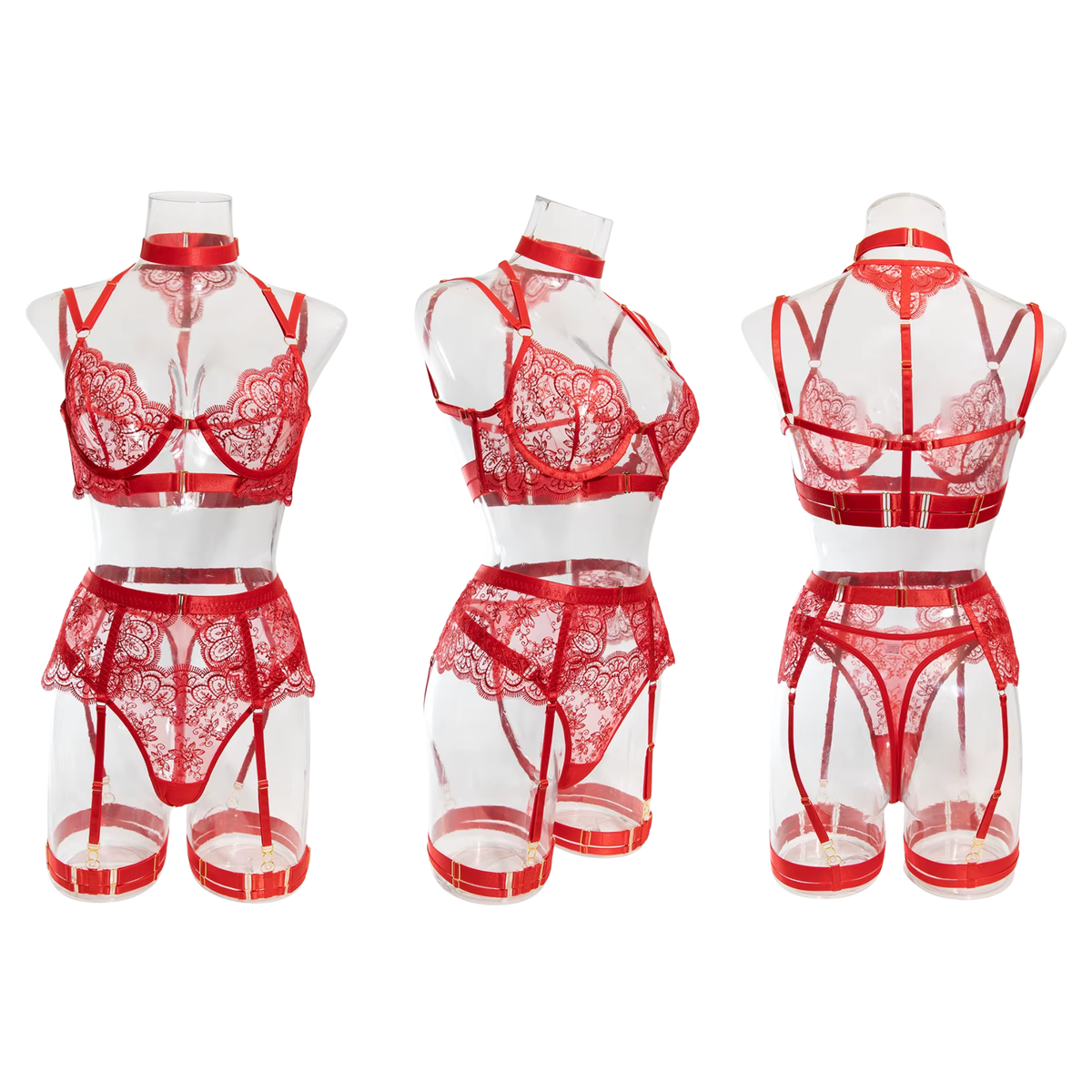 Sexy Kanten Lingerie Set Rood - BH, String & Jarretelgordel - Met Beugel - Verstelbare Bandjes - Rood Kant - Vrouwen / Dames Ondergoed - Maat S