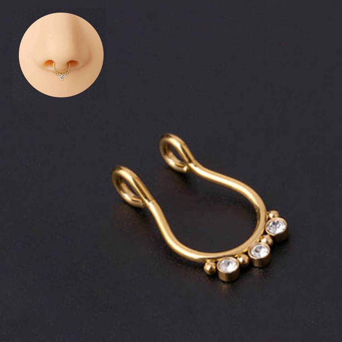 Fake Neuspiercing Goud - Goudkleurig met Diamantjes op Rij - Nep Neuspiercing Septum - Neusring - Nep Piercing Ringetje - RVS Roestvrij Staal - 8 mm