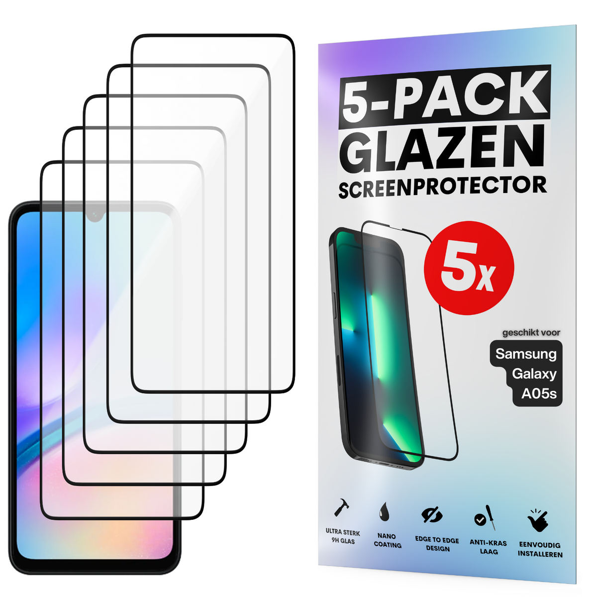 Screenprotector - Geschikt voor Samsung Galaxy A05s - Gehard Glas - Full Cover Tempered Glass - Case Friendly - 5 Pack