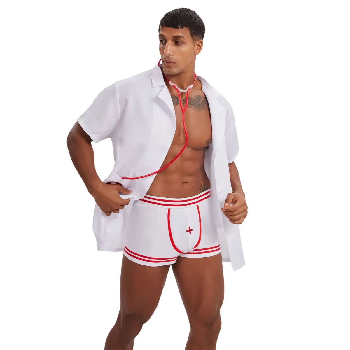 3-Delig Sexy Heren Kostuum - Dokter / Verpleger / Arts - Boxer, Doktersjas En Stethoscoop - Rood & Wit - Mannen - Heren Lingerie - Vrijgezellenfeest - One Size