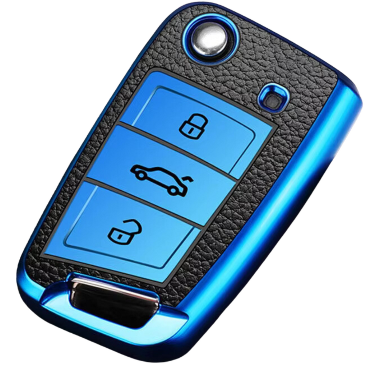 TPU Sleutelcover - Sleutelhoesje Geschikt voor Volkswagen Golf / Tiguan - Seat Leon / Ateca / Ibiza - Skoda Kodiaq / Octavia / Karoq - Metallic Blauw en Zwart Leer - Flexibele Sleutel Cover - Zacht Hoesje - Auto Accessoires