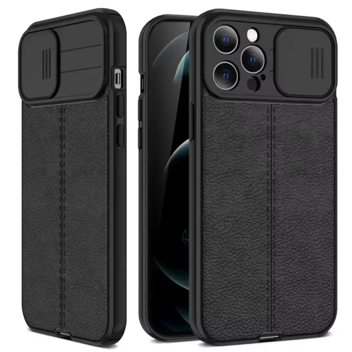 Valbestendig Telefoonhoesje - Geschikt voor Apple iPhone 14 Pro Max - Ultra Shockproof - Met Camera Slide Protector - Leer Look - Zwart - Met Extra Dikke Randen
