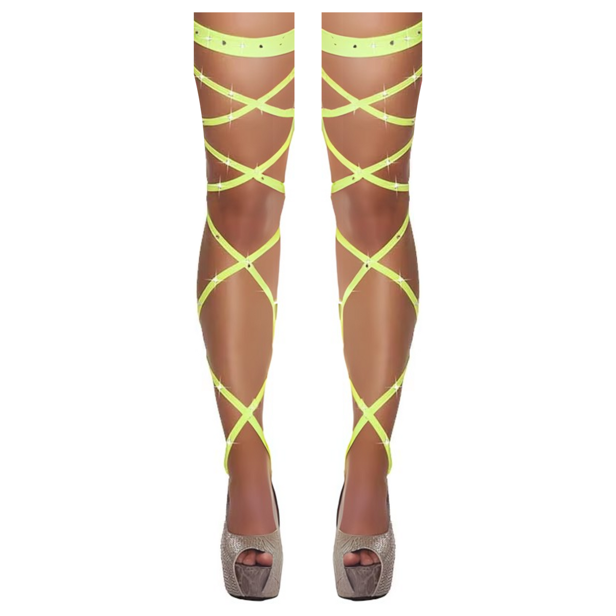 Sexy Wrap Kousen – Verleidelijke Stay-Up Stockings met Veters – One Size – Geel met Steentjes – Luxe Erotische Lingerie - Veters Benen Hakken