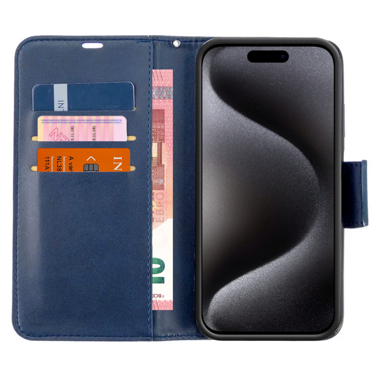 Hoesje Blauw - Geschikt voor Apple iPhone 15 - Portemonnee Book Case - Boekje Met Kaarthouder / Pasjeshouder en Magneetsluiting - Booklet Beschermhoes - Boekhoesje met Draagkoord