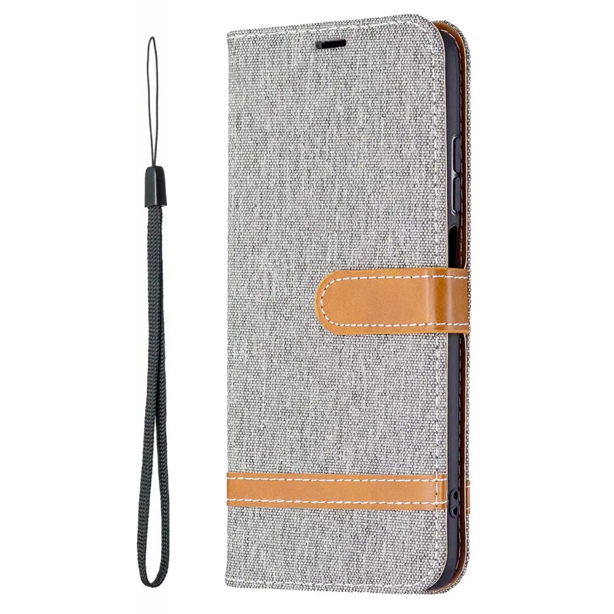Hoesje Denim Look - Geschikt voor Samsung Galaxy S23 FE - Portemonnee Book Case Grijs - Boekje Met Kaarthouder / Pasjeshouder en Magneetsluiting - Booklet Beschermhoes - Boekhoesje met Draagkoord - Mapje